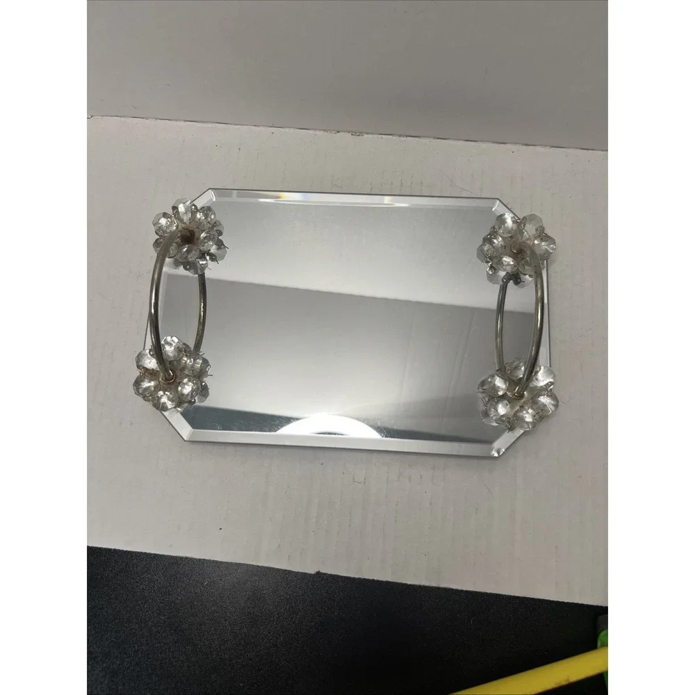VTG Footed Mirrored Vanity Dresser Tray w/Glass Flower Accents on Handles